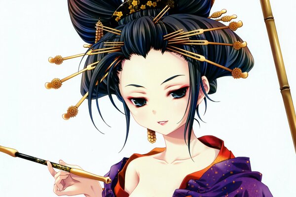 Lächeln einer Geisha, die ein Mundstück hält