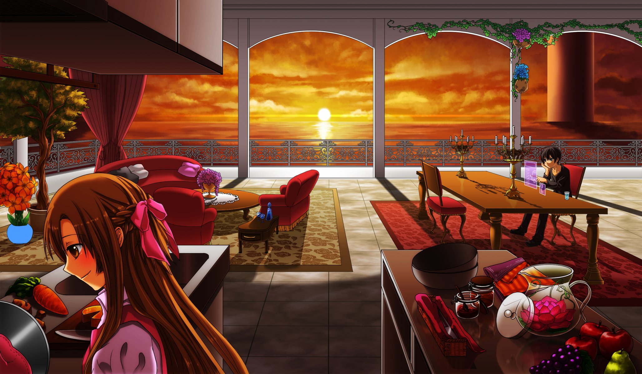 schwert der kunst online yuki asuna kirito mädchen kerl zimmer tische sonnenuntergang obst meer küche
