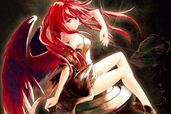 Mädchen in rot mit langen Haaren und Flügeln