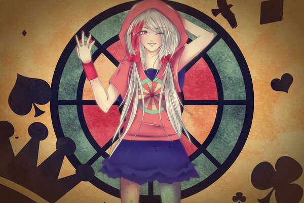 Anime Mädchen in Kapuze zwinkert und lächelt