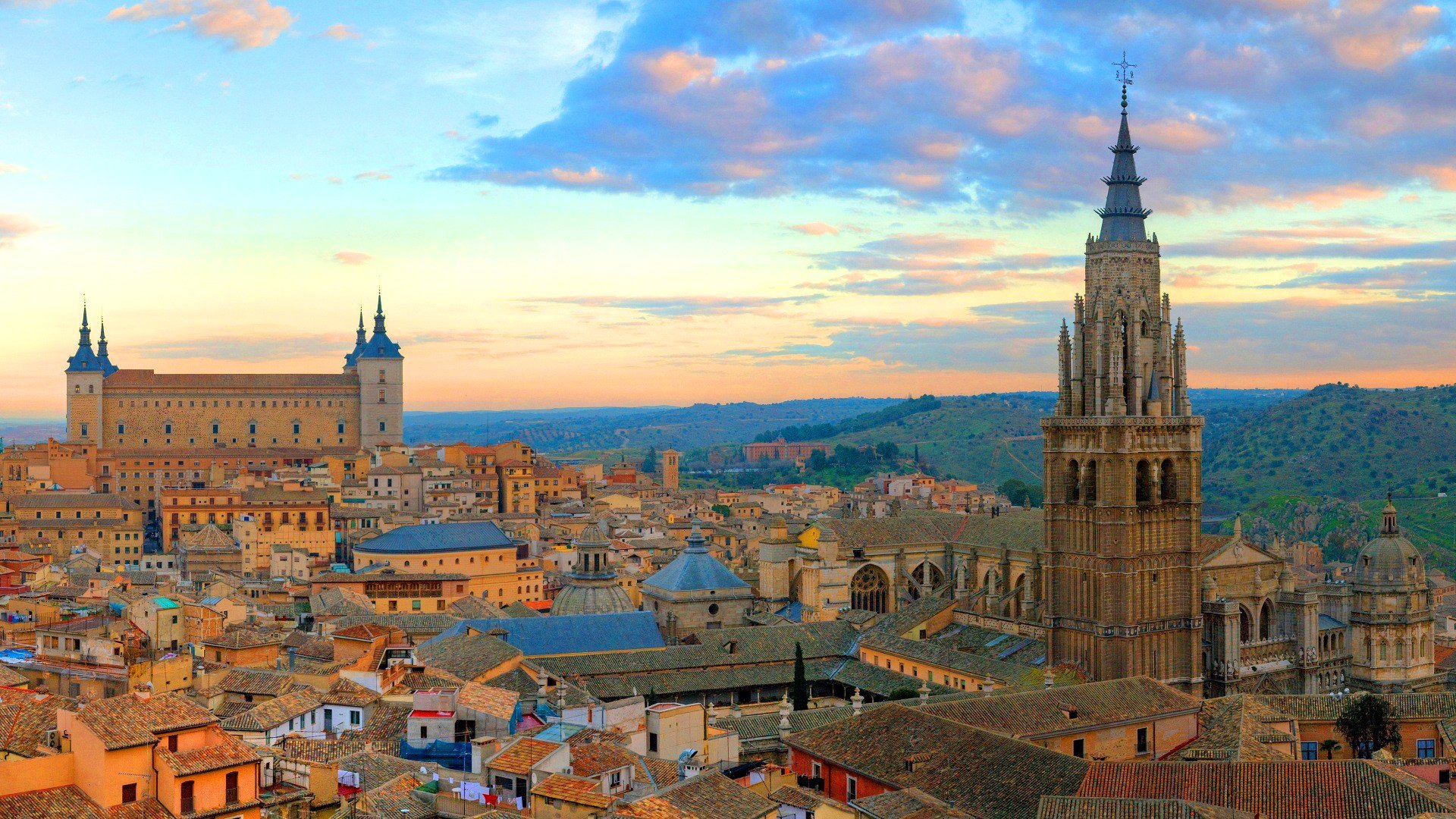toledo spanien himmel wolken sonnenuntergang schloss häuser turm