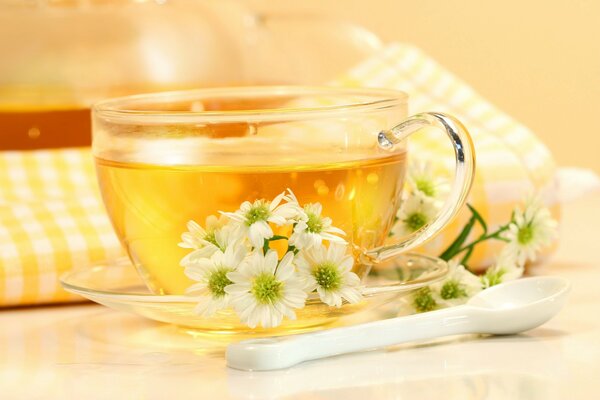 Transparenter Becher mit goldenem Tee auf dem Hintergrund einer karierten Serviette, mit Untertasse und Blumen