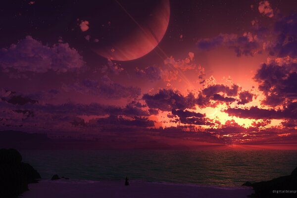 Fantastische Landschaft mit dem Bild eines Planeten