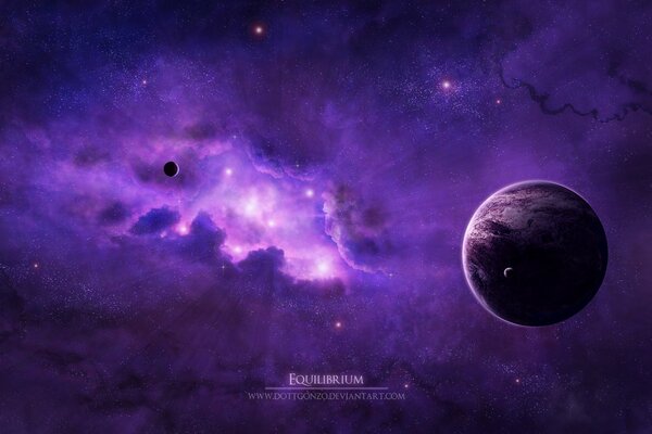 Schöne Sterne und Planeten auf einem violetten Hintergrund