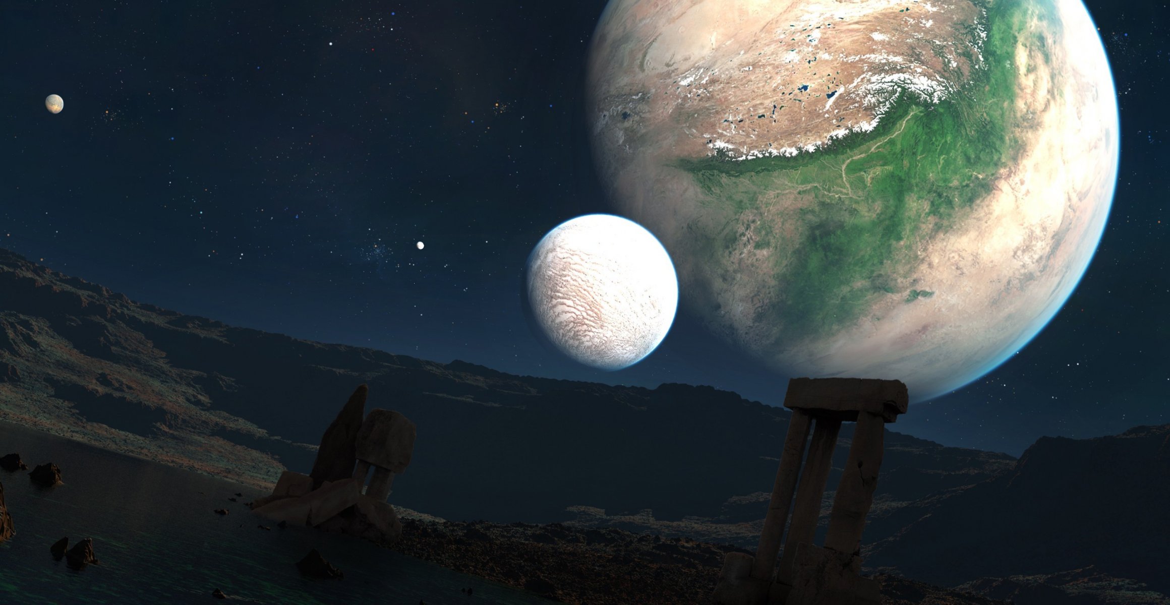 planeten sterne landschaft ruinen säulen bögen see felsen steine