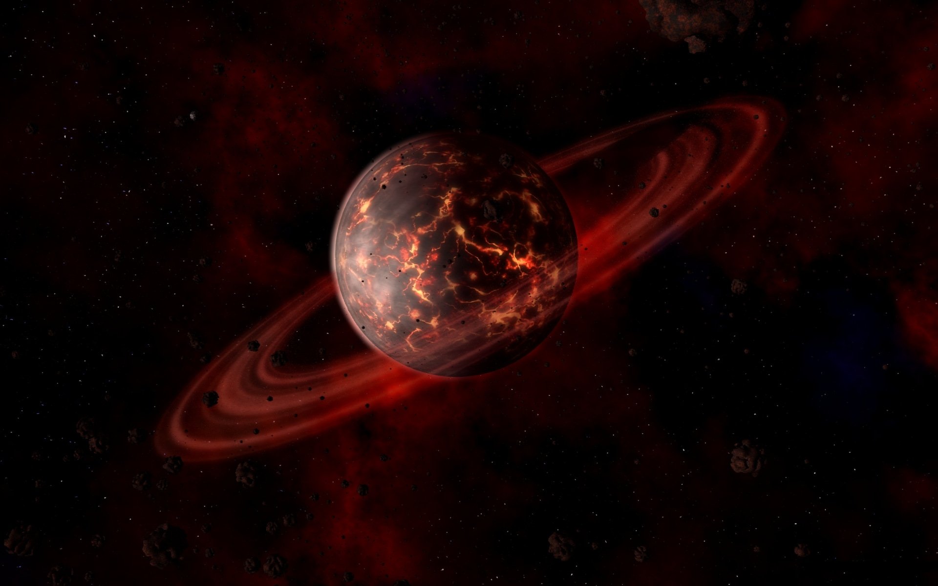 planet ringe raum rot lava risse meteoriten