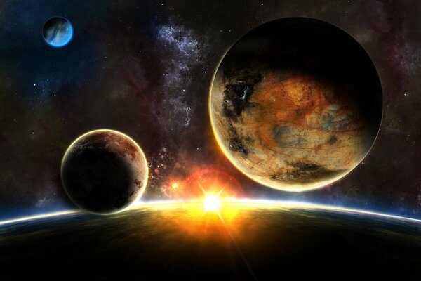 Planeten des Sonnensystems im kosmischen Sonnenaufgang