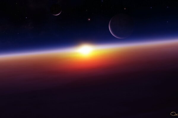 Sonnenglühen im Weltraum mit Planeten