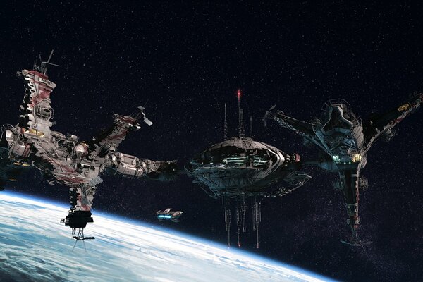 Fantastische Raumschiffe im Hintergrund des Planeten