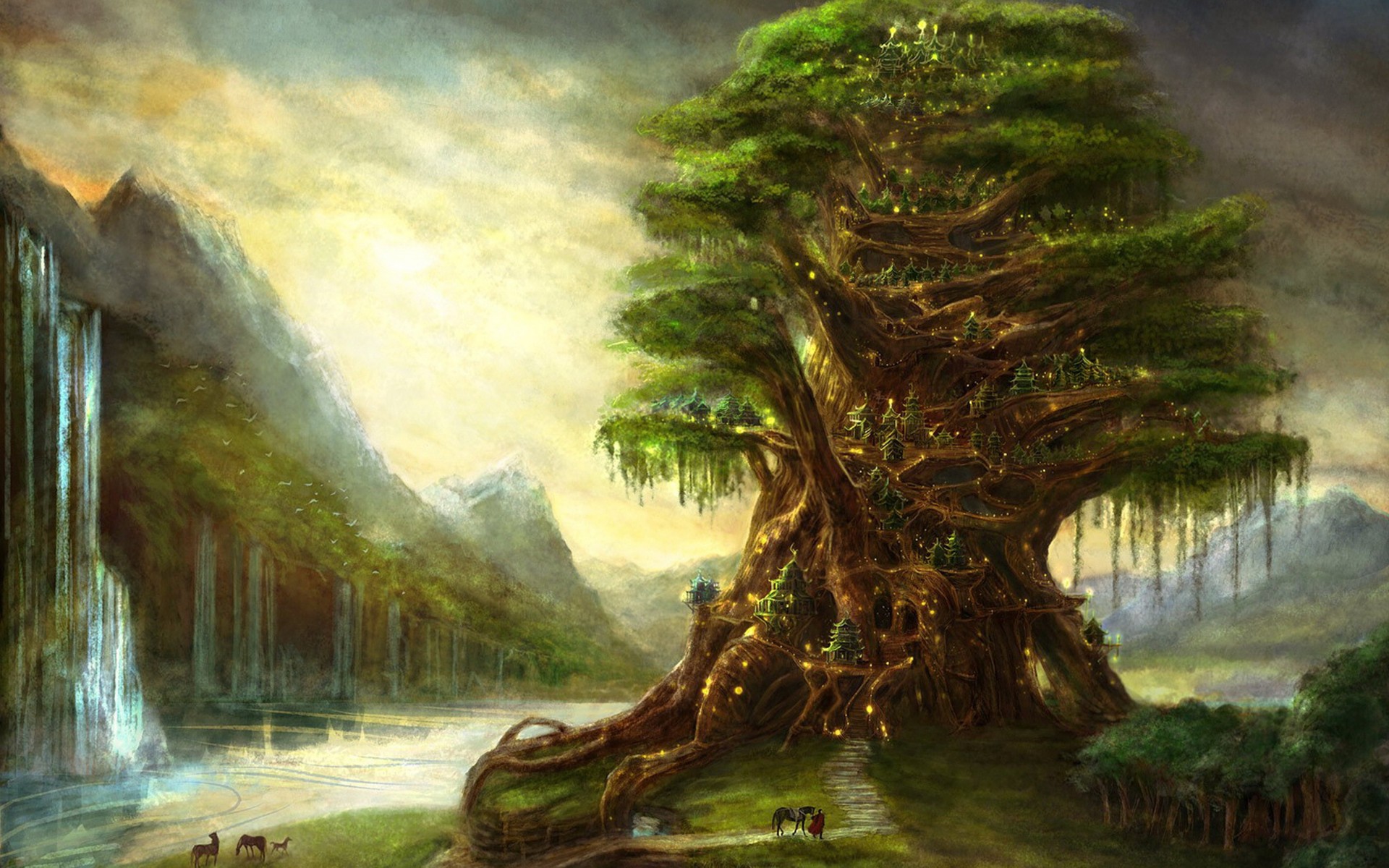 elfen magie zeichnung wasserfall baum