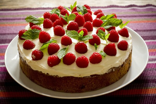 Biskuitkuchen mit Himbeeren verziert
