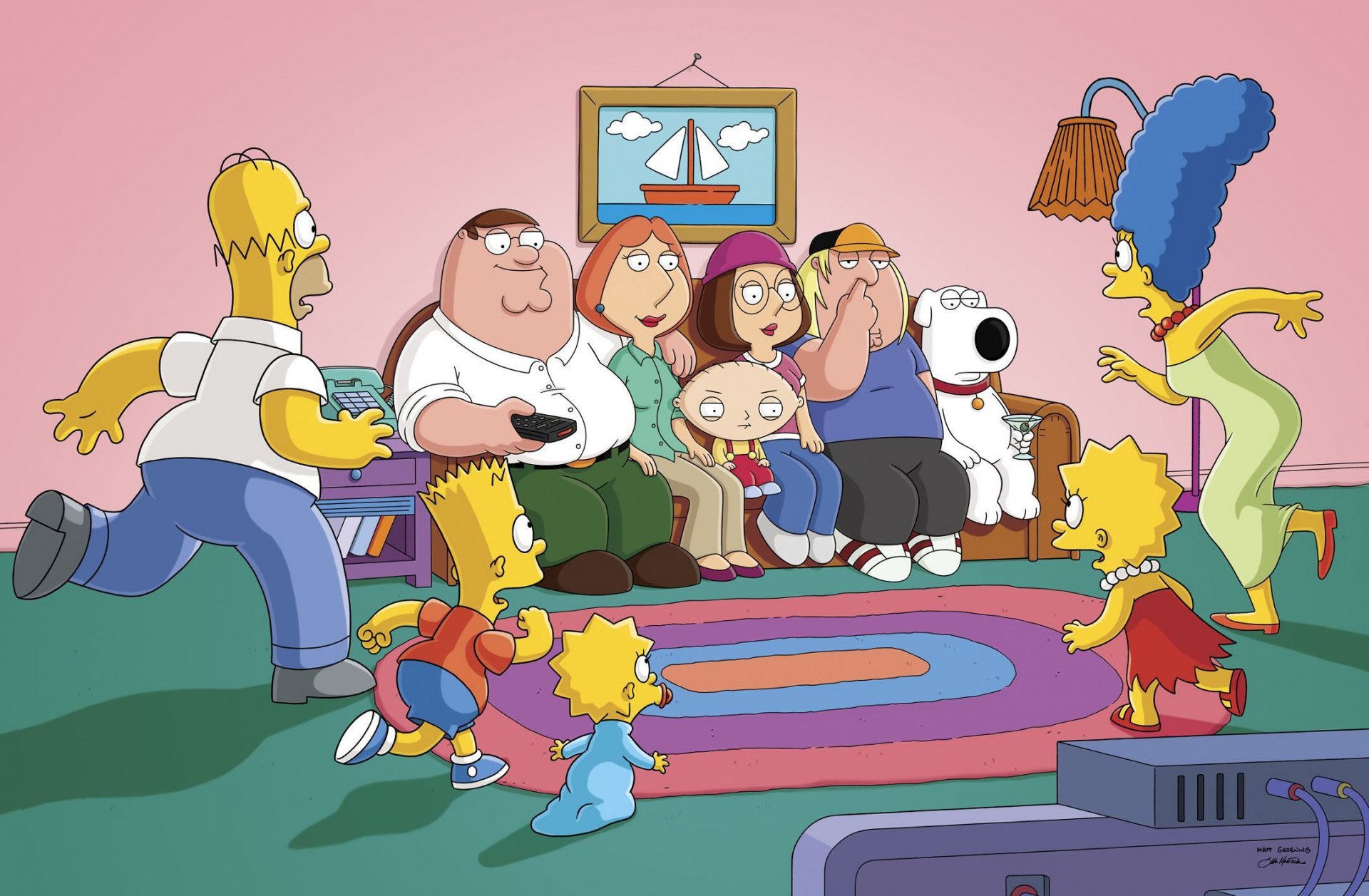 simpsons family guy homer bart maggie lisa marge peter lois stewie meg chris brian zeichentrickserie sofa bild matt grouning