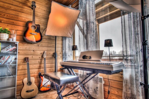 Ein Raum mit Gitarren und Synthesizer