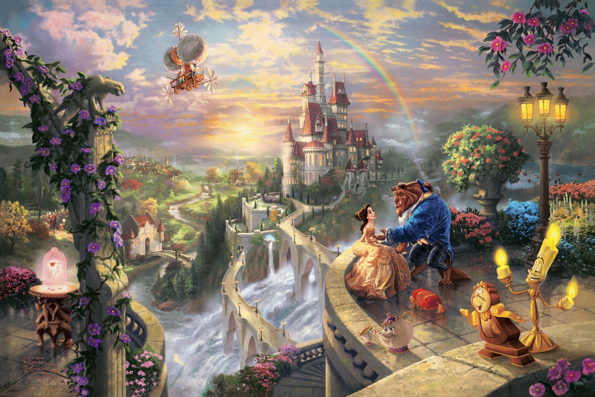 thomas kincaid die schöne und das biest verlieben sich in disney träumt sammlung 50. geburtstag belle prinz kunst schloss sonnenuntergang regenbogen märchen fantasy liebesgeschichte rose die schöne und das biest belle prinz disney kunst liebe paar balkon lumiere