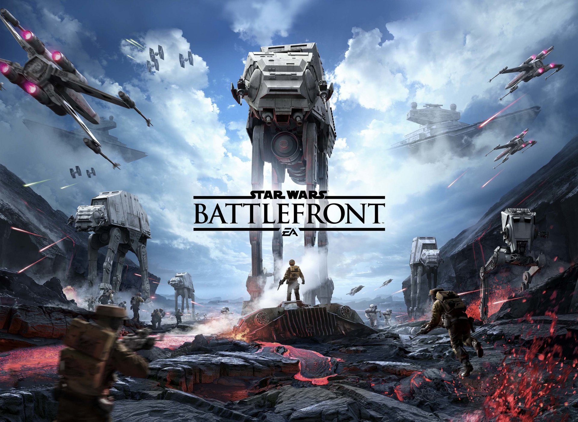 tar wars: battlefront kampf explosionen soldaten himmel wolken lava logo ea dice logo elektronische kunst
