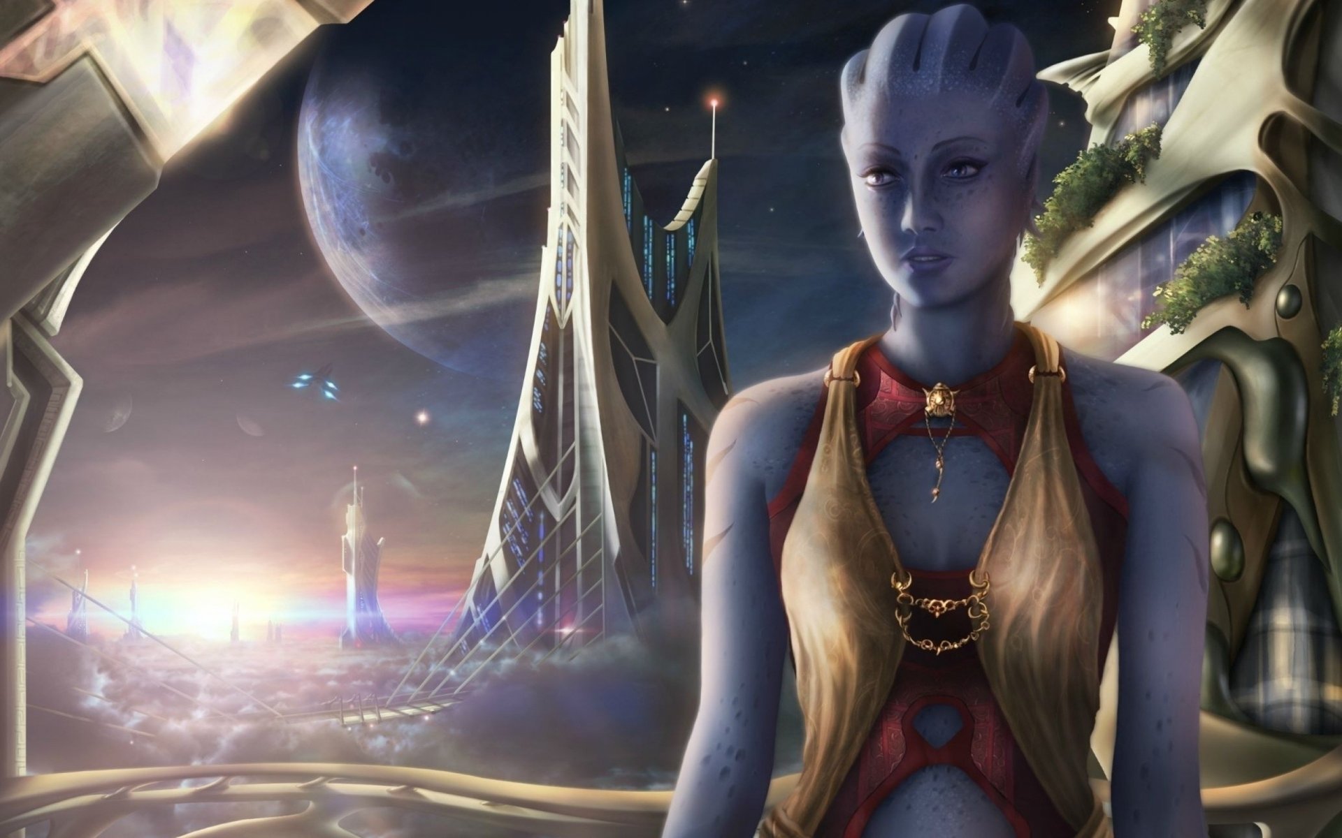 fan art mass effect liara azari stadt thessia planet schiff wolken ansicht