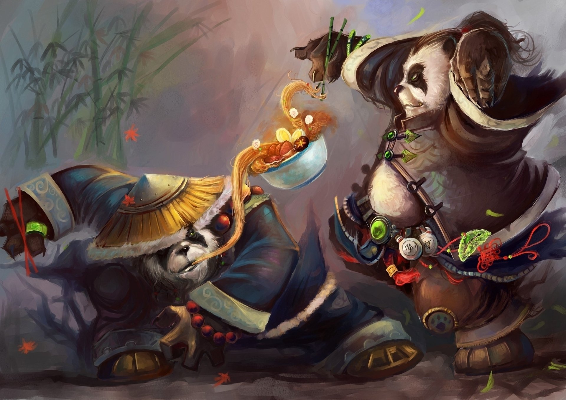 world of warcraft pandaria-nebel pandas zwei teilen nudeln essen schalen hut bambus