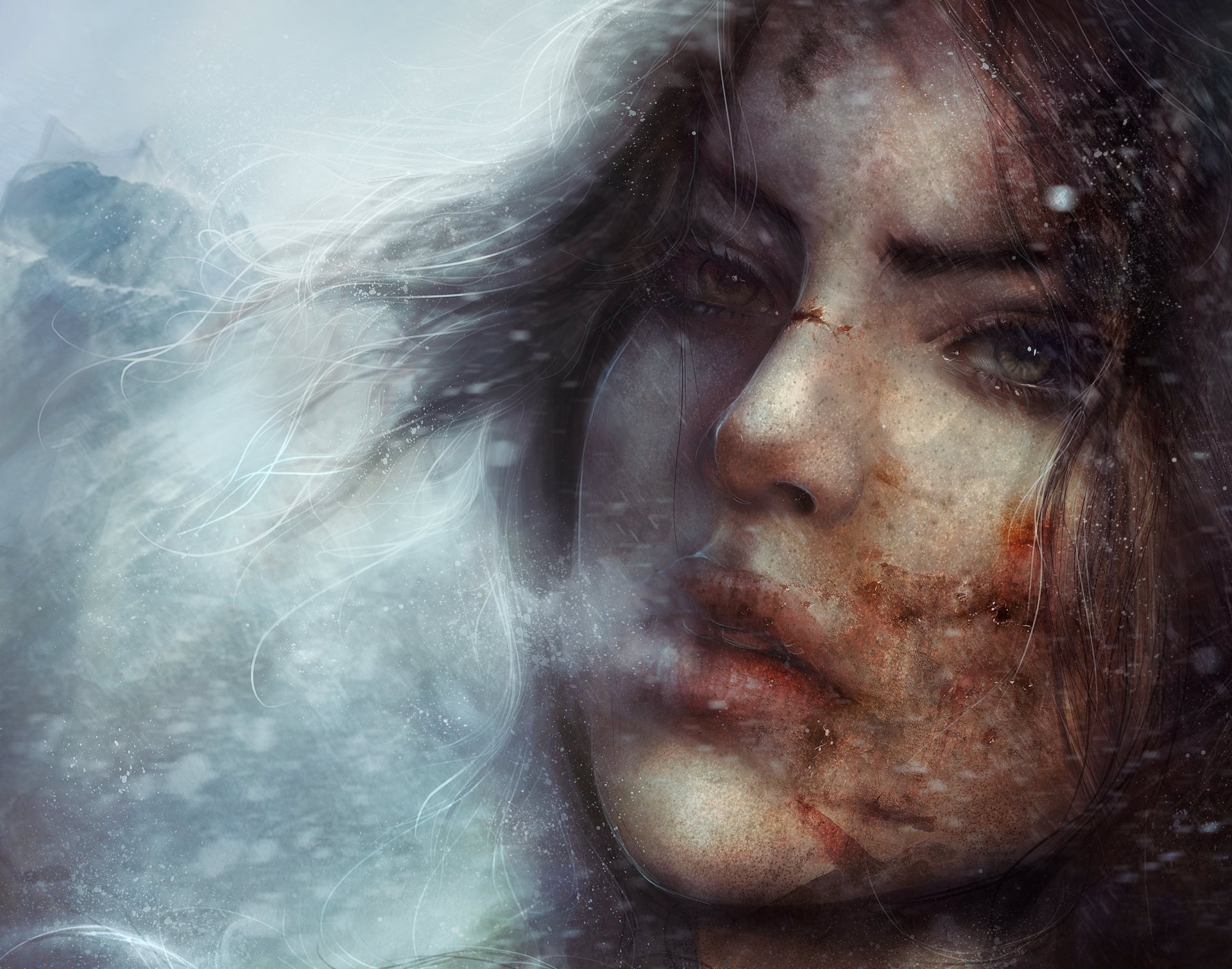 lara croft tomb raider kunst spiel mädchen gesicht augen blick lippen dampf kälte schnee winter anomalie