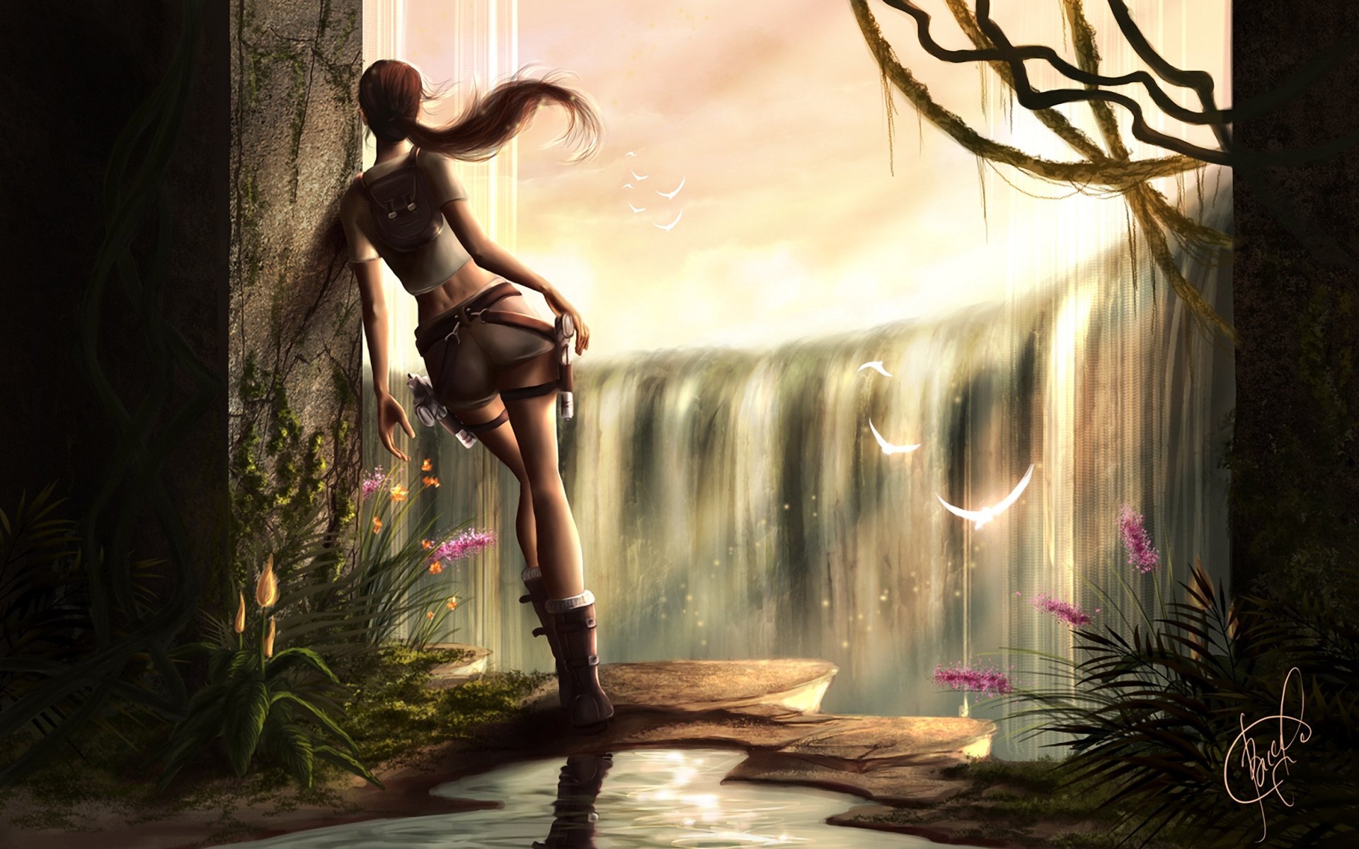 tomb raider lara croft mädchen wasserfall wand öffnung licht pflanzen vögel