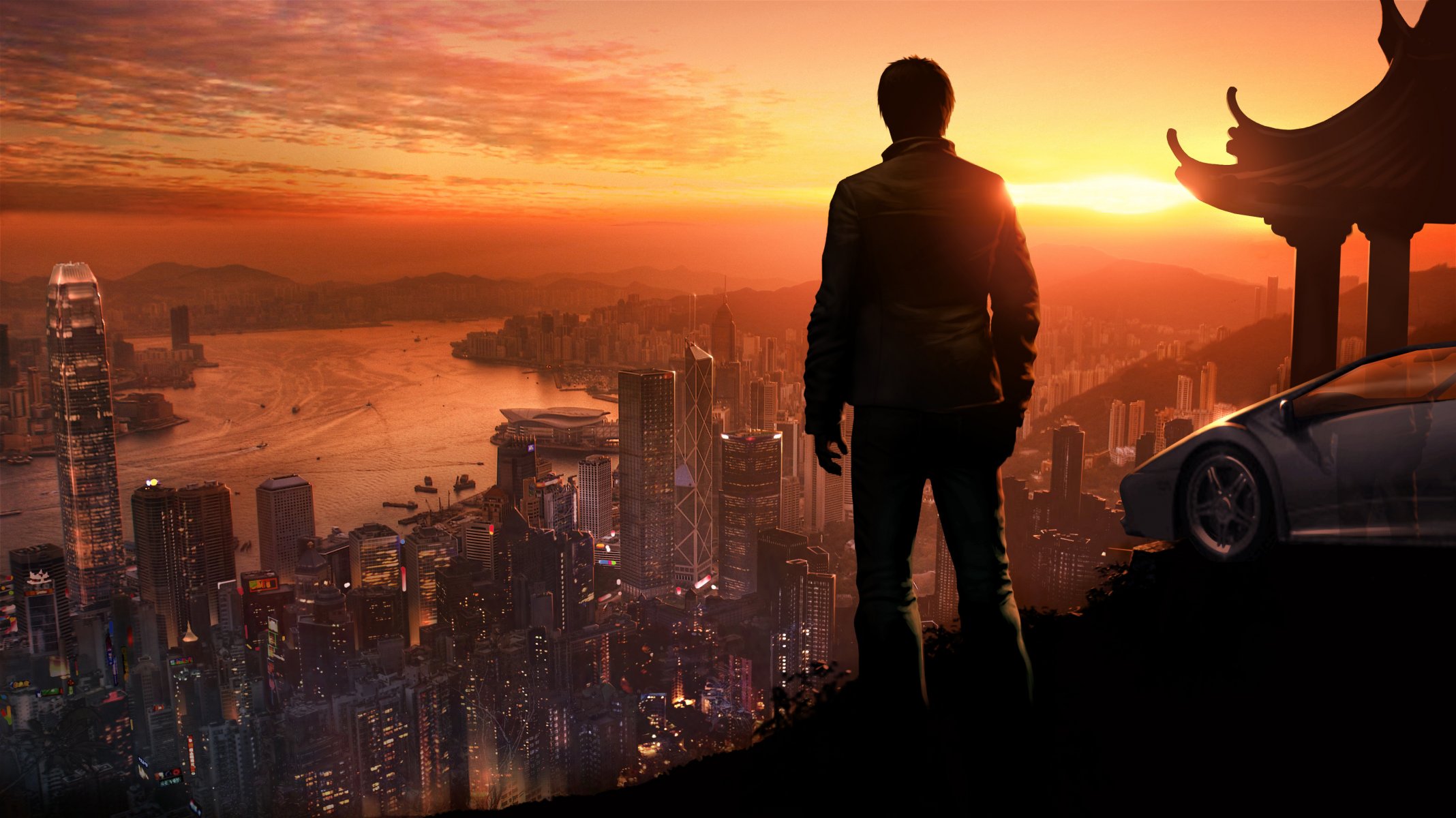 schlafende hunde stadt mann höhe abend sonnenuntergang silhouette maschine fluss