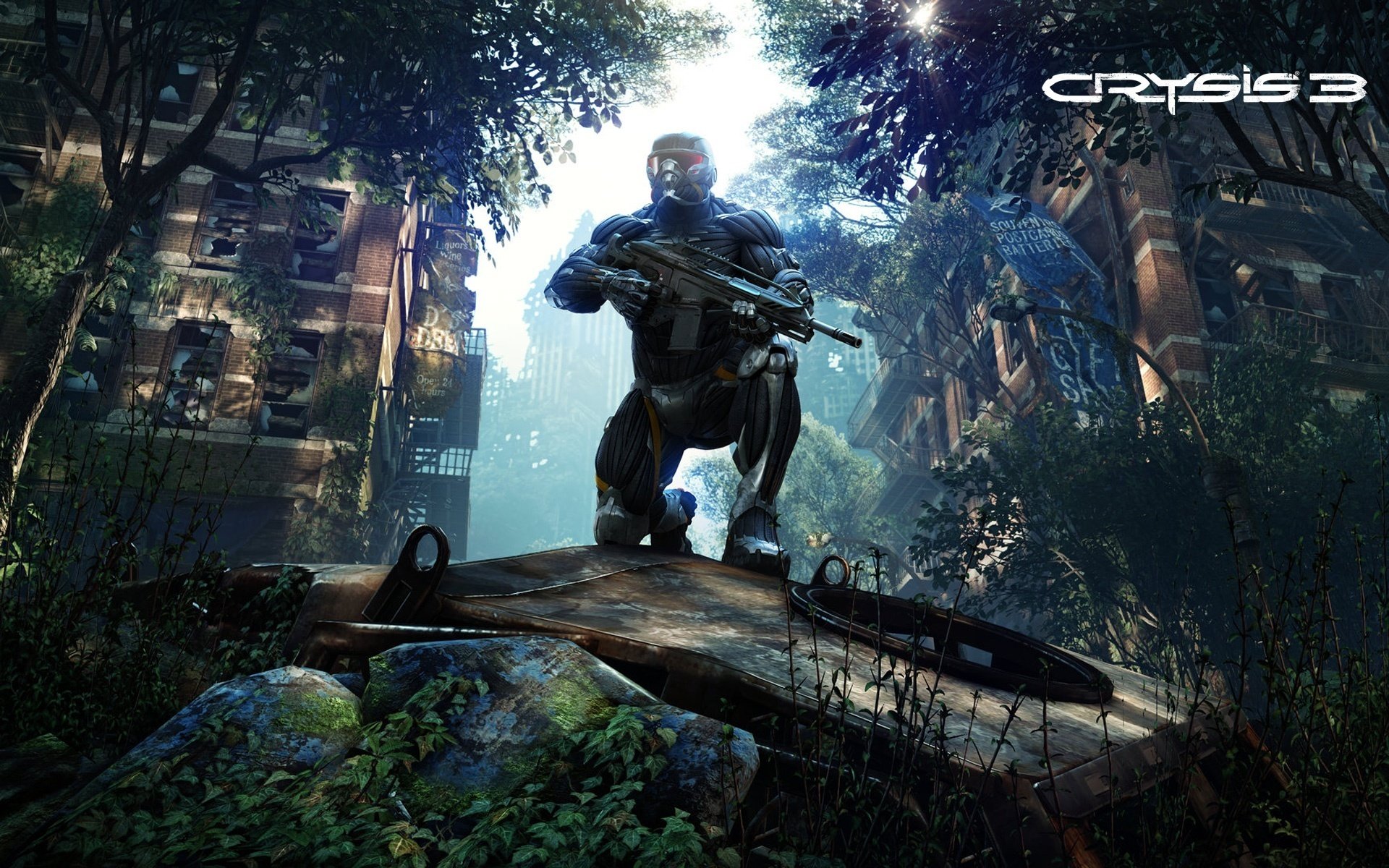 crysis 3 nanoanzug new york verwüstung soldat waffe gewehr bäume blä ttern screenshot rost