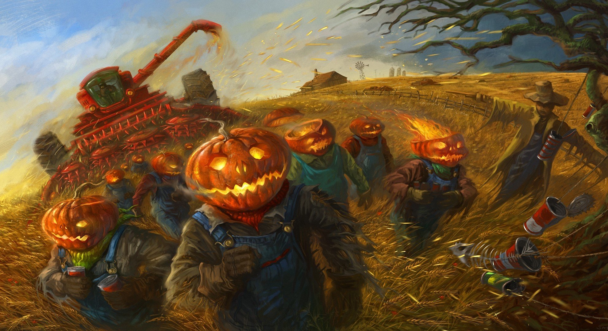 kunst halloween feld ernte kürbisse getreide arbeiter vogelscheuche mähdrescher dosen brigade weizen