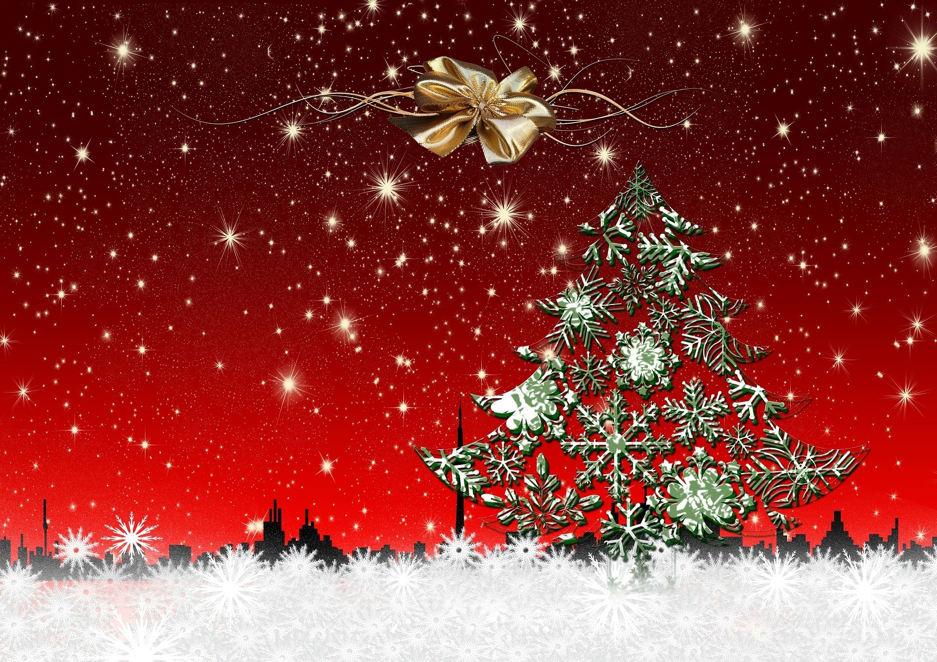 neujahr weihnachtsbaum dekoration schnee schneeflocken stadt