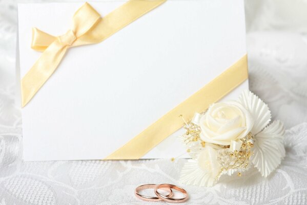 Trauringe und weiße Postkarte