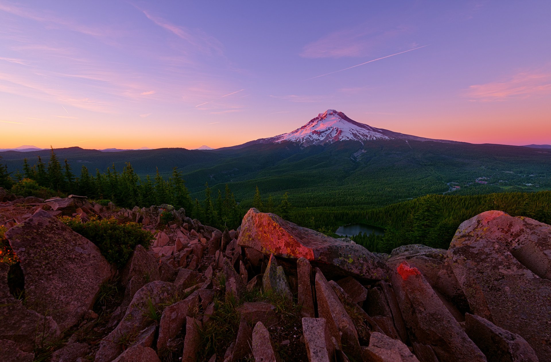 usa oregon mount hood stratovulkan berg wald sommer sonnenuntergang licht steine
